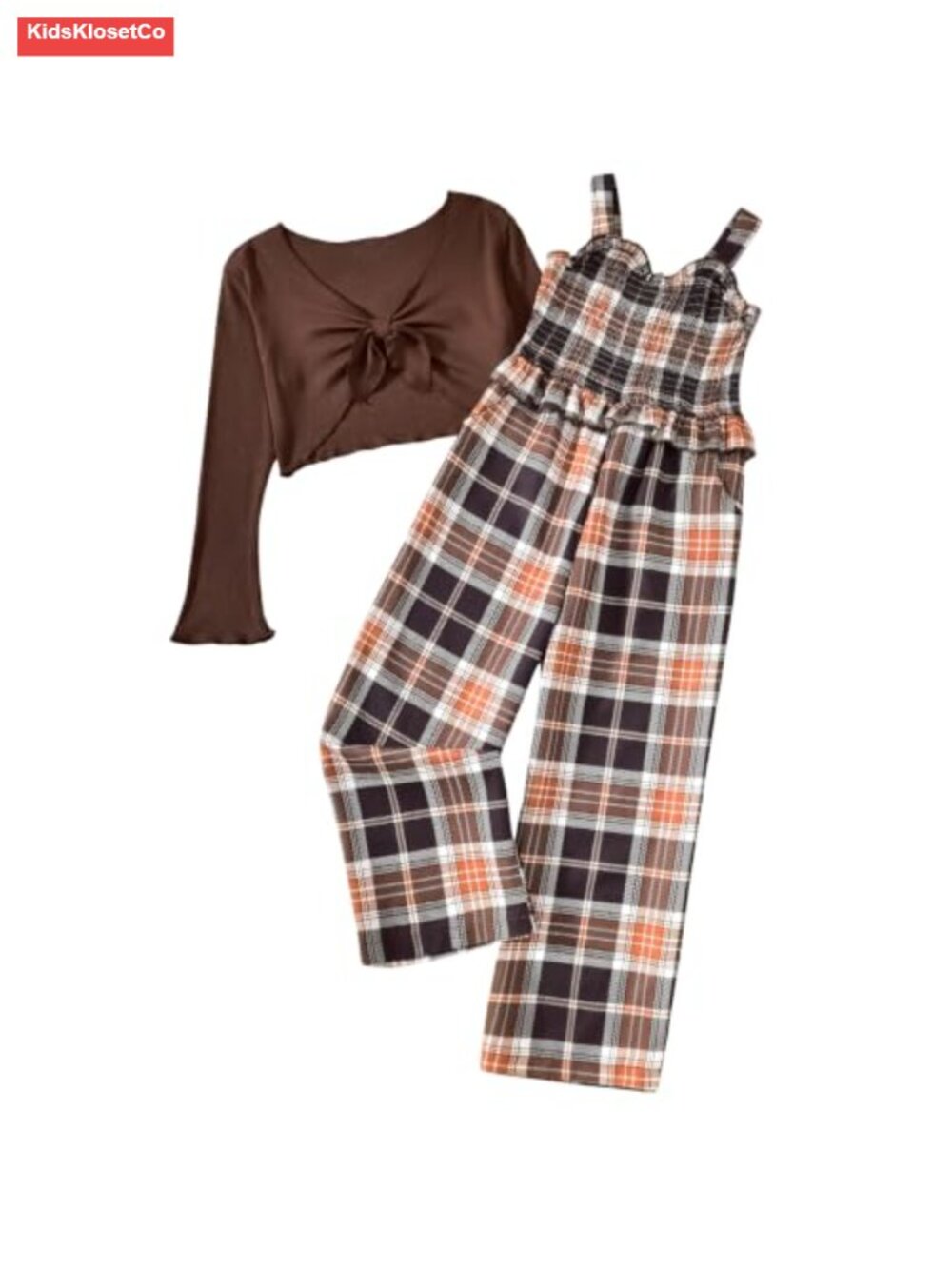 Girls Smocked Floral Jumpsuit with Bell Sleeve Crop Top 2-Piece Set